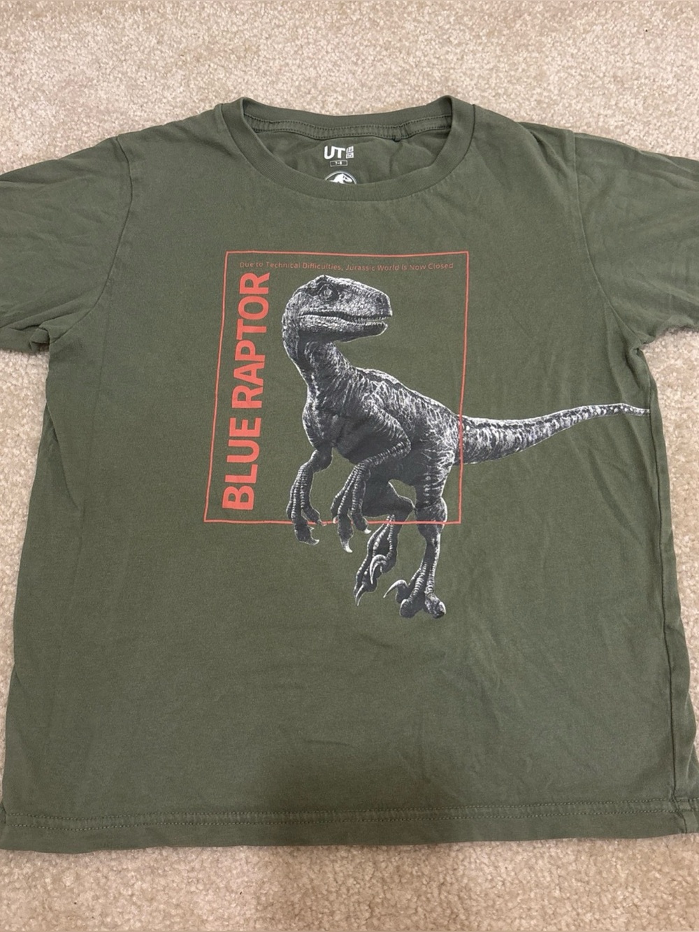 Jurassic World Blue Raptor Olive Green T-Shirt Kids Size 7-8 UT Uniqlo